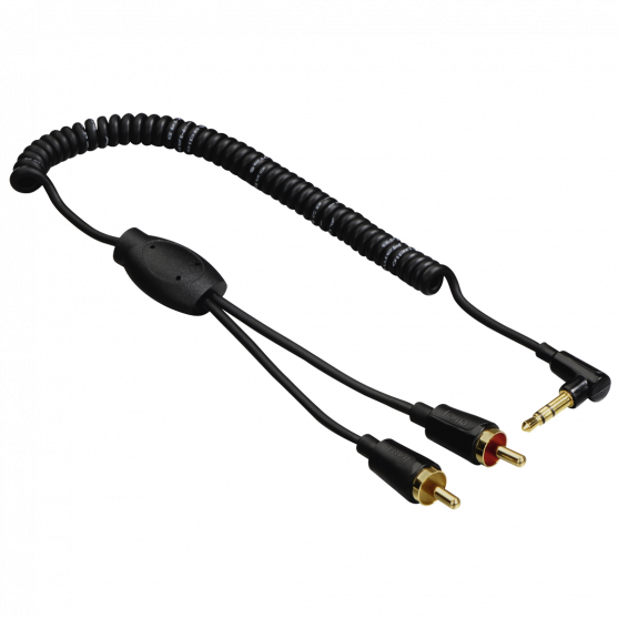 Flexi-Slim Coiled Cable, 3.5 mm stereo jack plug 90Â° - 2 RCA plugs, 0.75m
