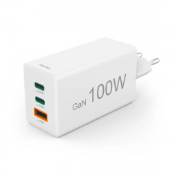 Rýchlonabíjačka, GaN, 2x USB-C, 1x USB-A, mini nabíjačka, PD, 100 W, biela