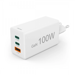 Rýchlonabíjačka, GaN, 2x USB-C, 1x USB-A, mini nabíjačka, PD, 100 W, biela