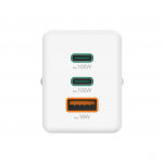 Rýchlonabíjačka, GaN, 2x USB-C, 1x USB-A, mini nabíjačka, PD, 100 W, biela