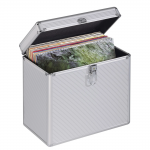 Kufrík na 50 gramofónových platní (vinyl/LP), hliníkový vzhľad, strieborný