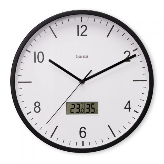 Lanzarote nástenné hodiny, rádiom riadené, tepl./vlhkosť, 35 cm, čierne