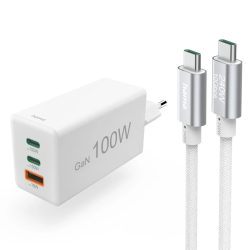 Rýchla USB nabíjačka s káblem, 2x USB-C, 1x USB-A, PD, 100 W, 1,5 m, biela
