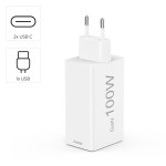Rýchla USB nabíjačka s káblem, 2x USB-C, 1x USB-A, PD, 100 W, 1,5 m, biela