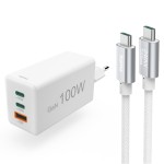 Rýchla USB nabíjačka s káblem, 2x USB-C, 1x USB-A, PD, 100 W, 1,5 m, biela