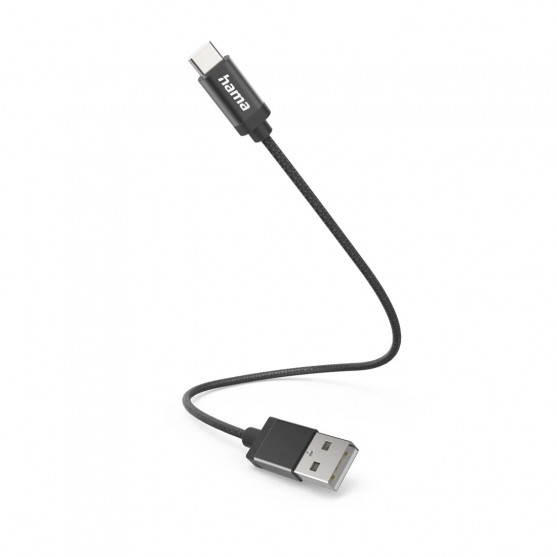 Nabíjací kábel, USB-A - USB-C, 0,2 m, nylon, čierny