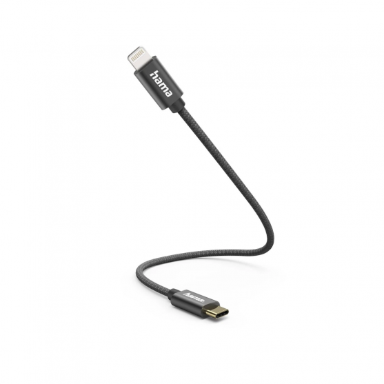 Nabíjací kábel, USB-C - Lightning, 0,2 m, nylon, čierny