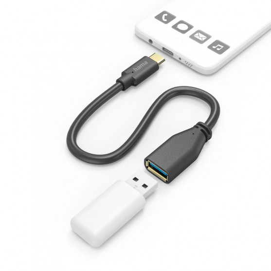 USB adaptér kábel, OTG, USB-C konektor - USB-A zásuvka, 15 cm, čierny