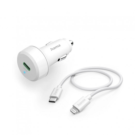 Rýchlonabíjačka do auta s nabíjacím káblom Lightning, PD, 20 W, 1 m, biela