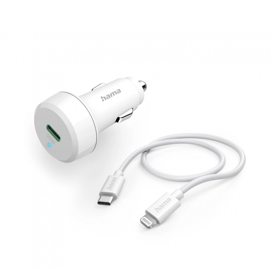 Rýchlonabíjačka do auta s nabíjacím káblom Lightning, PD, 20 W, 1 m, biela