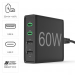 Rýchla stolná USB nabíjačka so stojančekom, 2x USB-C PD/QC, 2x USB-A, 60 W