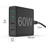 Rýchla stolná USB nabíjačka so stojančekom, 2x USB-C PD/QC, 2x USB-A, 60 W