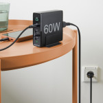 Rýchla stolná USB nabíjačka so stojančekom, 2x USB-C PD/QC, 2x USB-A, 60 W