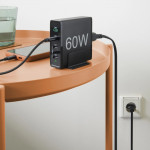 Rýchla stolná USB nabíjačka so stojančekom, 2x USB-C PD/QC, 2x USB-A, 60 W