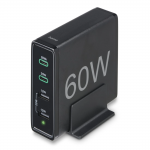Rýchla stolná USB nabíjačka so stojančekom, 2x USB-C PD/QC, 2x USB-A, 60 W