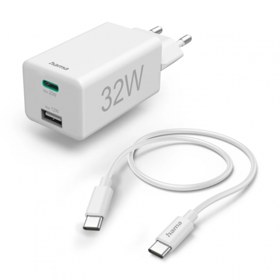 Hama set: rýchla USB nabíjačka USB-C PD/QC, USB-A, 32 W + kábel USB C-C 1 m Hama set: rýchla USB nabíjačka USB-C PD/QC, USB-A, 32 W + kábel USB C-C 1 m