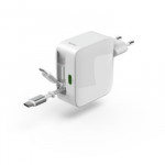 Rýchlonabíjačka, GaN, 2x USB-C, vysúvateľný nabíjací kábel, PD, 30 W, biela