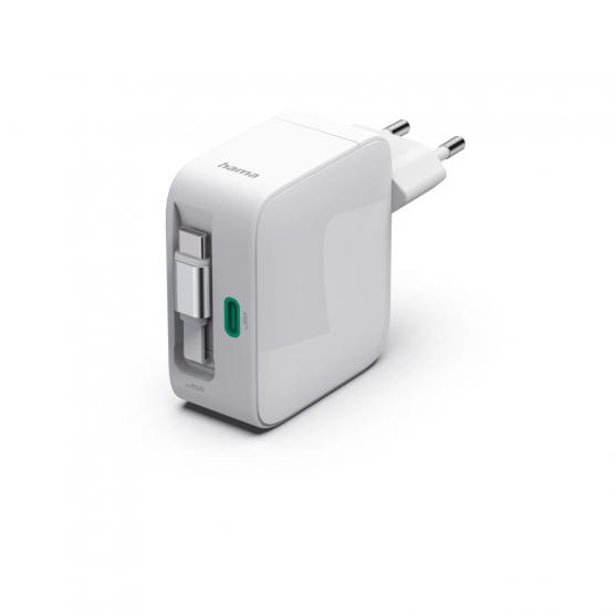 Fast Charger, GaN, 2x USB-C, Extendable Charging Cable, PD, 65 W, white