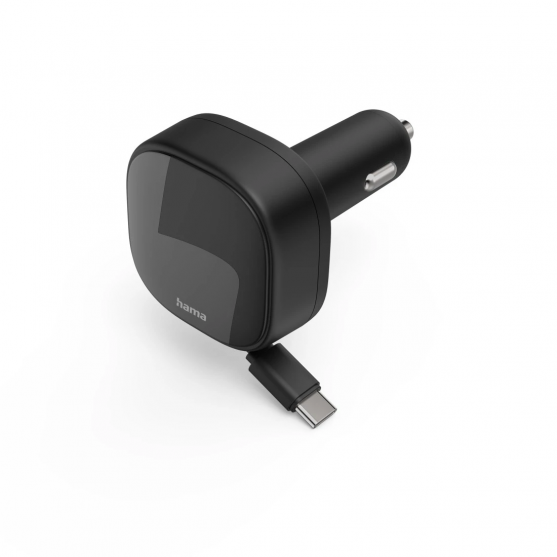 Rýchlonabíjačka do auta, 2x USB‑C, vysúvací kábel, PD, 30 W, čierna Rýchlonabíjačka do auta, 2x USB‑C, vysúvací kábel, PD, 30 W, čierna