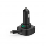 Rýchlonabíjačka do auta, 2x USB‑C, vysúvací kábel, PD, 30 W, čierna