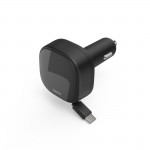 Rýchlonabíjačka do auta, 2x USB‑C, vysúvací kábel, PD, 30 W, čierna Rýchlonabíjačka do auta, 2x USB‑C, vysúvací kábel, PD, 30 W, čierna