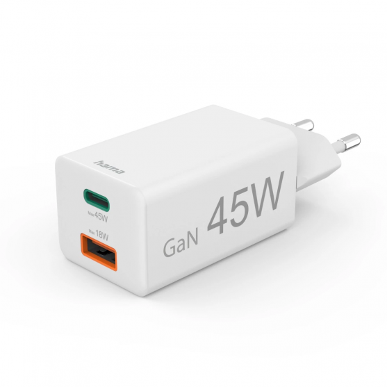 Rýchla USB nabíjačka GaN USB-C + USB-A, PD/QC, 45 W Rýchla USB nabíjačka GaN USB-C + USB-A, PD/QC, 45 W