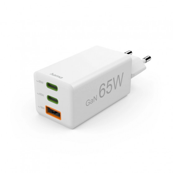 Rýchlonabíjačka, GaN, 2x USB-C, 1x USB-A, mini nabíjačka, PD, 65 W, biela