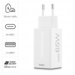 Rýchlonabíjačka, GaN, 2x USB-C, 1x USB-A, mini nabíjačka, PD, 65 W, biela