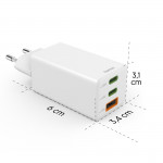 Rýchlonabíjačka, GaN, 2x USB-C, 1x USB-A, mini nabíjačka, PD, 65 W, biela