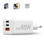 Rýchlonabíjačka, GaN, 2x USB-C, 1x USB-A, mini nabíjačka, PD, 65 W, biela