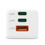 Rýchlonabíjačka, GaN, 2x USB-C, 1x USB-A, mini nabíjačka, PD, 65 W, biela