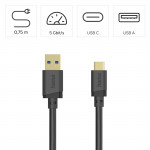 USB kábel, USB-A konektor - USB-C konektor, USB 3.2 Gen1, 5 Gbit/s, 0,75 m USB kábel, USB-A konektor - USB-C konektor, USB 3.2 Gen1, 5 Gbit/s, 0,75 m