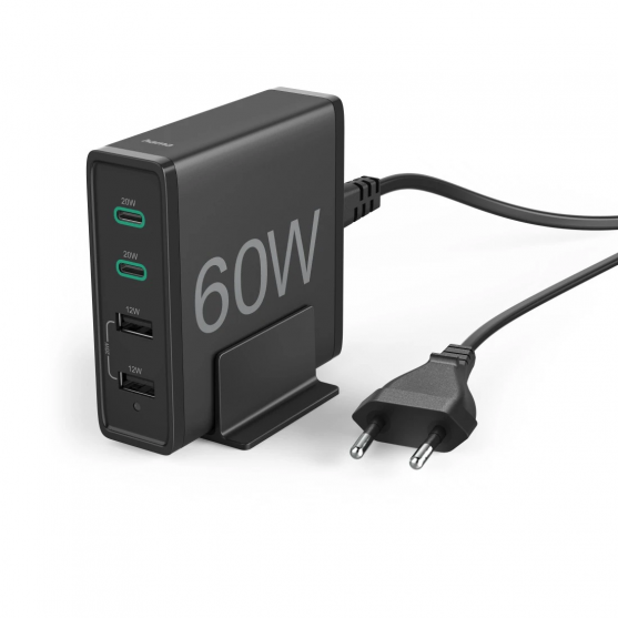 60 W Charging Station, 4-Way (2x PD/QC USB-C, 2x USB-A), black