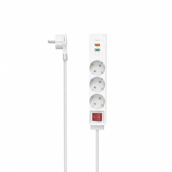 Rozvodná lišta 3 zásuvky, USB‑C/A 18 W, PD/FC, vypínač, 1,4 m