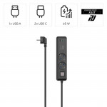 Predlžovací kábel 2 zásuvky, USB‑C/A 65 W, PD, vypínač, 1,4 m Predlžovací kábel 2 zásuvky, USB‑C/A 65 W, PD, vypínač, 1,4 m