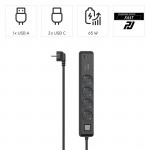 Power Strip, 4-Way, USB-C/A 65 W, PD, Switch, 1.4 m, black/grey
