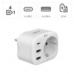 Hama zásuvková USB nabíjačka, 1x el. zásuvka, 1x USB-C PD, 2x USB-A, 20 W