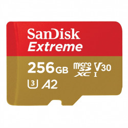 SanDisk Extreme microSDXC 256 GB + SD Adapter 190 MB/s and 130 MB/s Read/Write A2 C10 V30 UHS-I U3