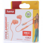 Hama USB-C slúchadlá s mikrofónom Curly, štuple, oranžová