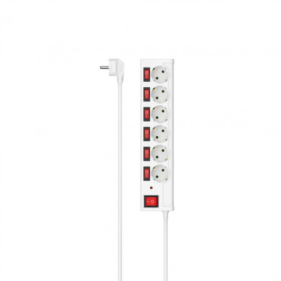 Hama predlžovací prívod s prepäťovou ochranou, 6 zásuviek schuko, 7 vypínačov, 1,4 m, biela