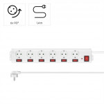 Hama prepäťová ochrana XL, 6 zásuviek schuko, 7 vypínačov, 1,4 m, biela