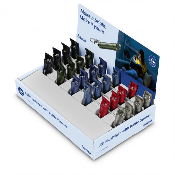 Hama FL4, LED baterka s otváračom na fľaše, karabínka, batérie, 24 ks v displeji  (cena za 1 ks)