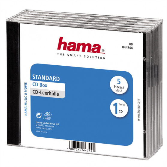 Hama CD Standard box, štandardný obal na 1 CD/DVD, priehľadný/čierny, balenie 5 ks (cena za balenie)