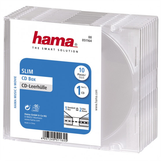 Hama CD Slim Box, obal na 1 cd/dvd, priehľadný, balenie 10 ks (cena za balenie)